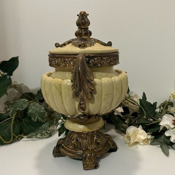 Antique Look Roman Greek Urn Planter Vase 9"x 11" Cream & Bronze Ornate With Lid - Picture 2 of 14